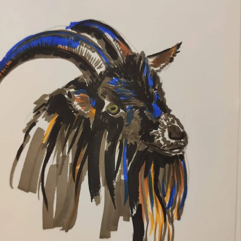 G.O.A.T. — cabra montesa pintada con rotulador azul y ocre