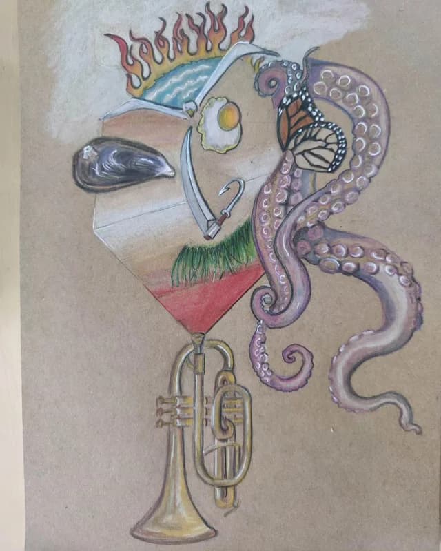 El Trompetista — collage surrealista con lápiz de color sobre kraft