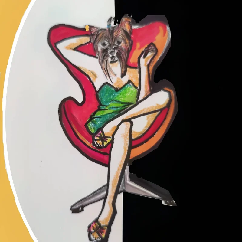 La Señora — schnauzer en Egg Chair, acrílico sobre plato